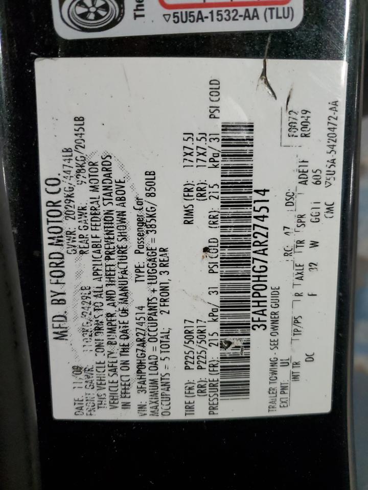 2010 Ford Fusion VIN 3FAHP0HG7AR274514 Copart auction photo, front end damage thumbnail 14