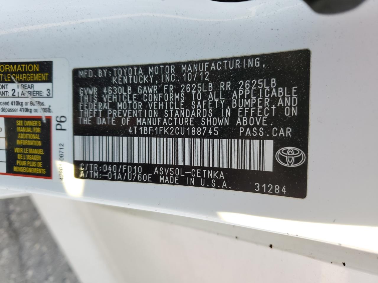 2012 Toyota Camry VIN 4T1BF1FK2CU188745 Copart auction photo, front end / side damage thumbnail 15