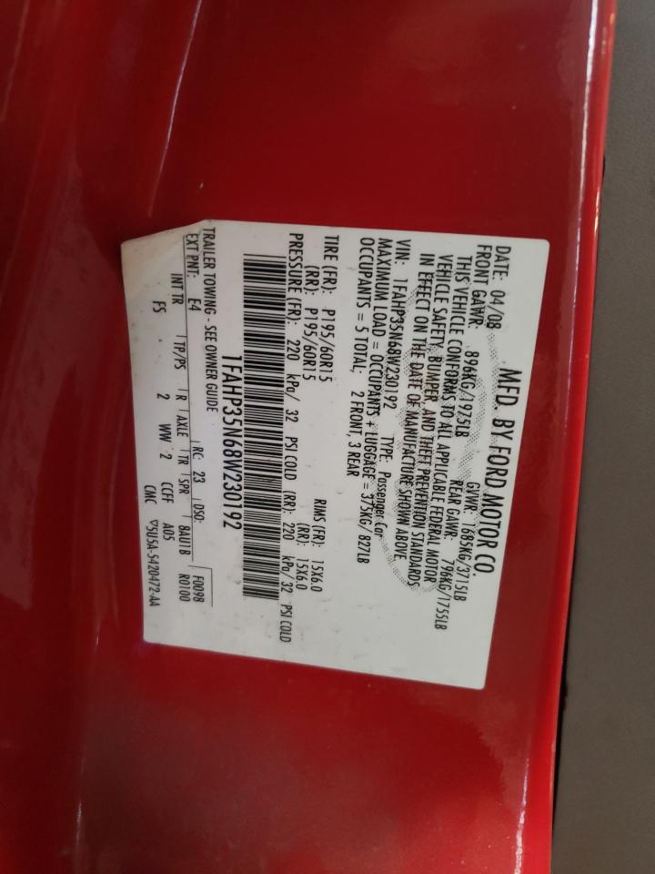 2008 Ford Focus VIN 1FAHP35N68W230192 Copart auction photo, front end / rear end damage thumbnail 12