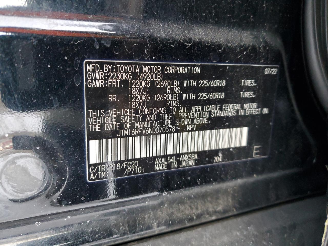 2022 Toyota RAV 4 VIN JTM16RFV6ND070578 Copart auction photo, rear end damage thumbnail 13