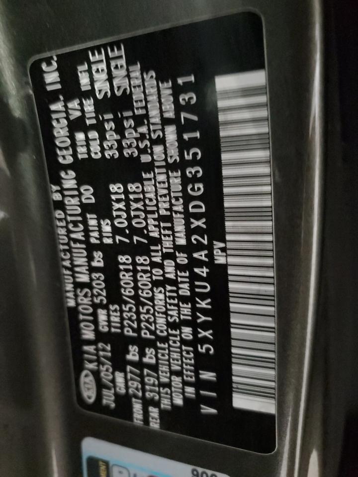 2013 KIA Sorento VIN 5XYKU4A2XDG351731 Copart auction photo, front end damage thumbnail 14