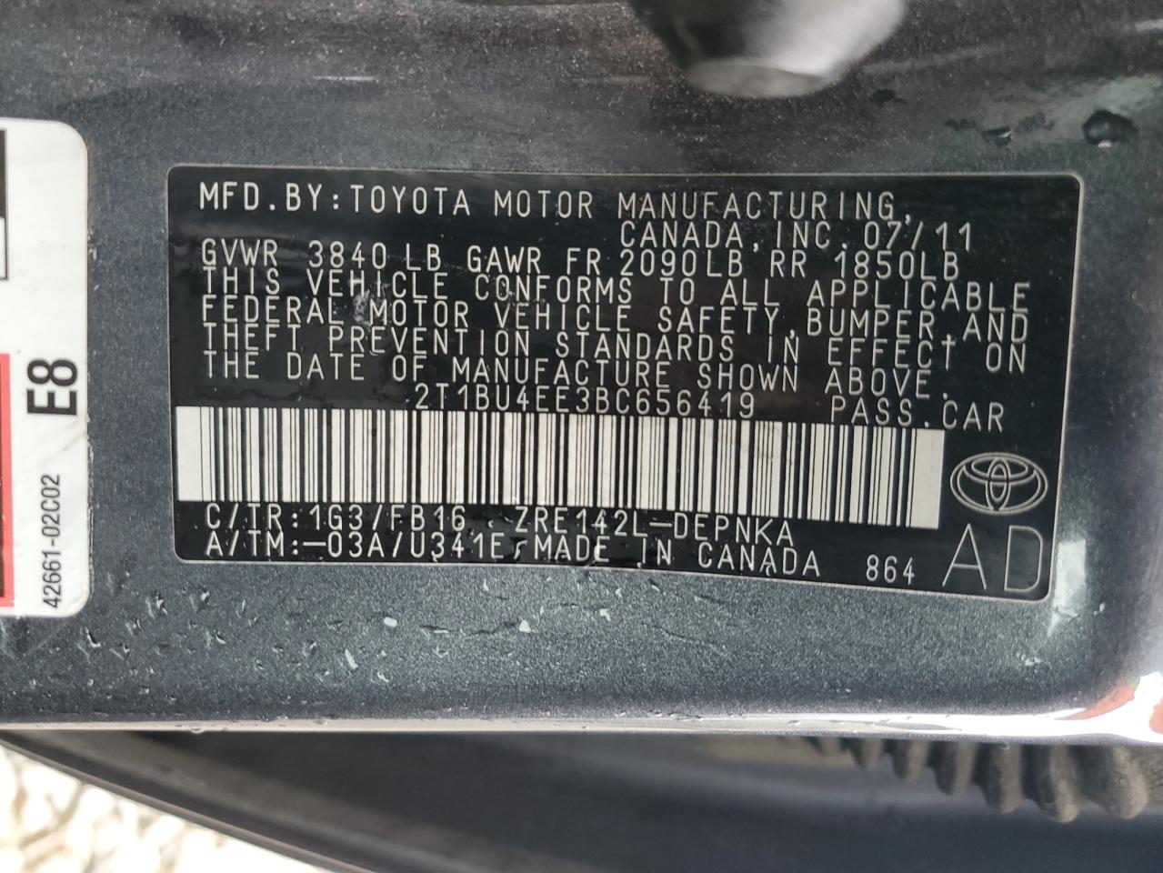 2011 Toyota Corolla VIN 2T1BU4EE3BC656419 Copart auction photo, front end damage thumbnail 12