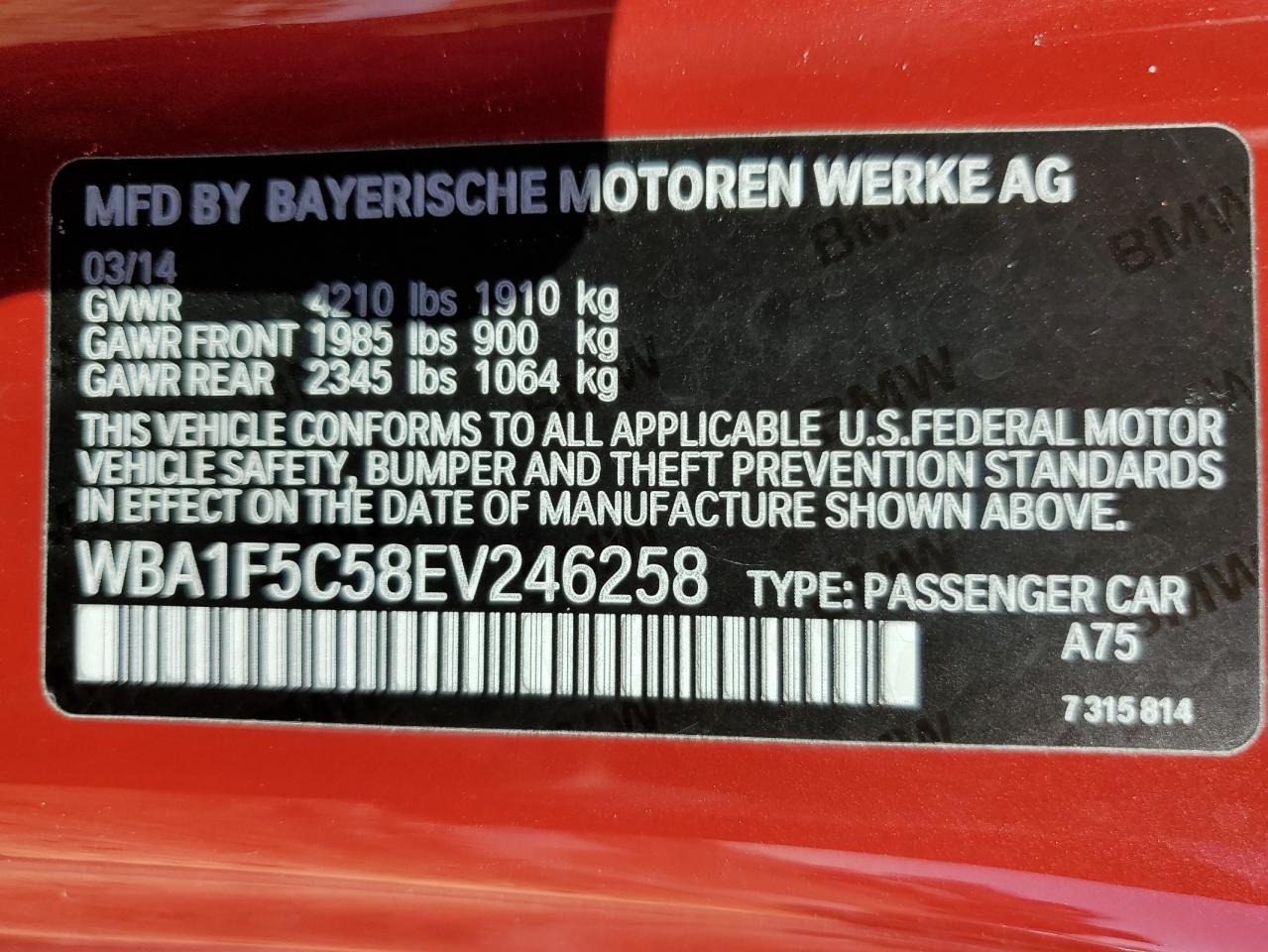 2014 BMW 2er VIN WBA1F5C58EV246258 Copart auction photo, front end / minor dent/scratches damage thumbnail 12