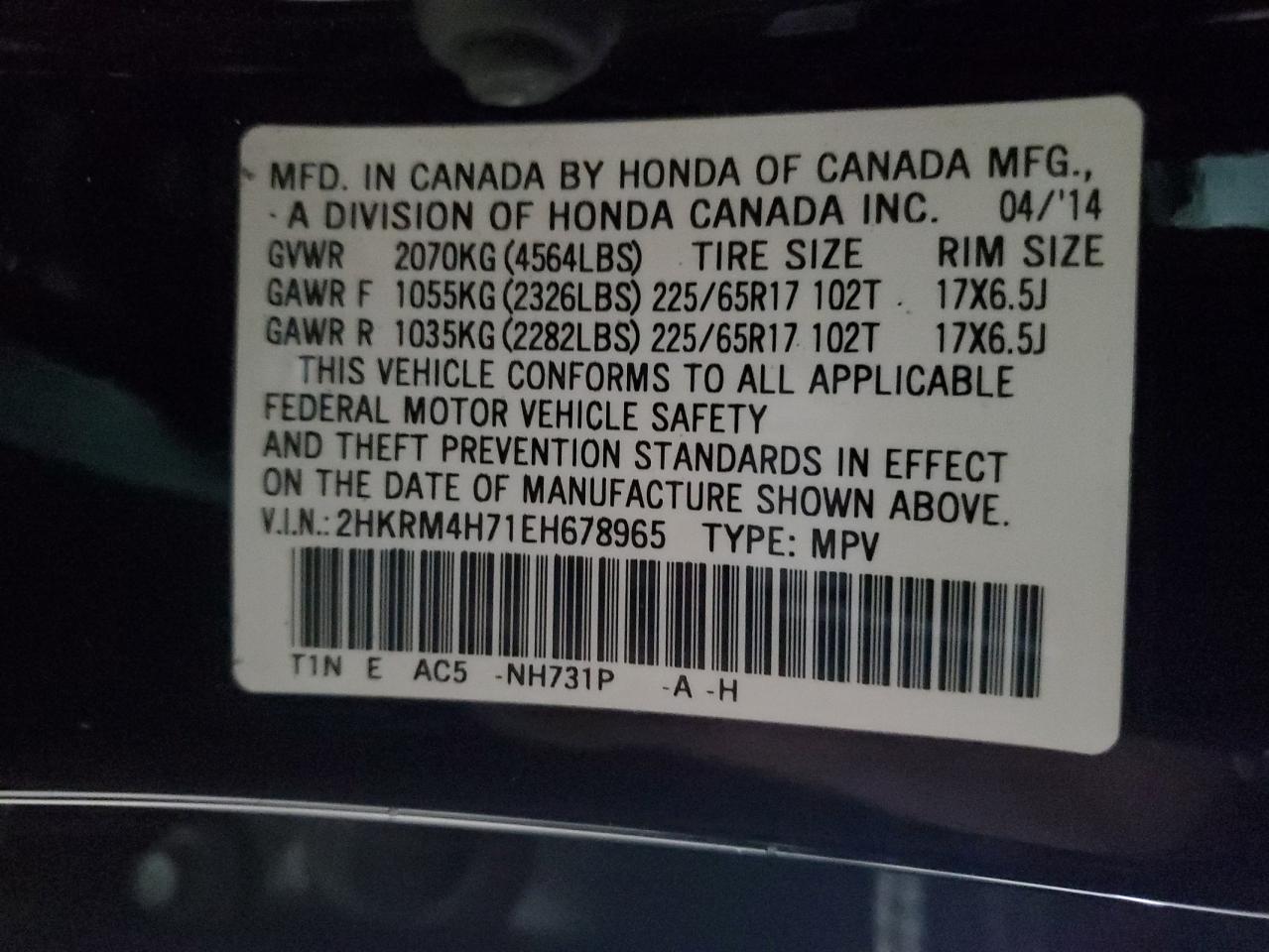 2014 Honda CR-V VIN 2HKRM4H71EH678965 Copart auction photo, side damage thumbnail 13