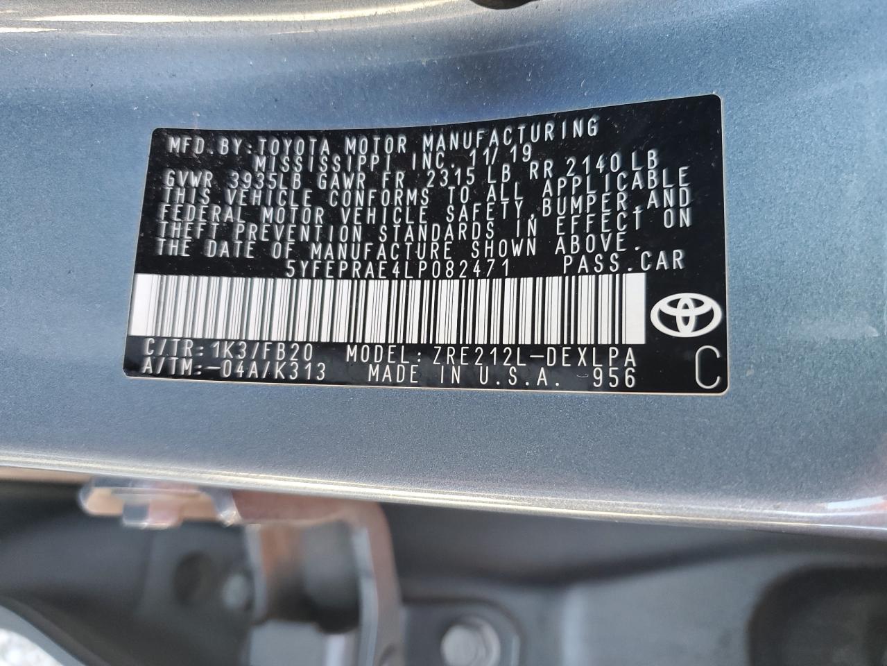 2020 Toyota Corolla VIN 5YFEPRAE4LP082471 Copart auction photo, front end damage thumbnail 12