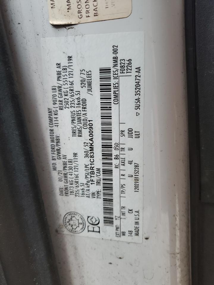 2021 Ford Transit VIN 1FTBR1C83MKA00901 Copart auction photo, all over / top/roof damage thumbnail 12