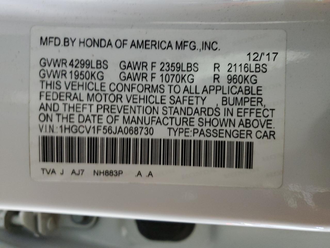 2018 Honda Accord VIN 1HGCV1F56JA068730 Copart auction photo, front end damage thumbnail 13