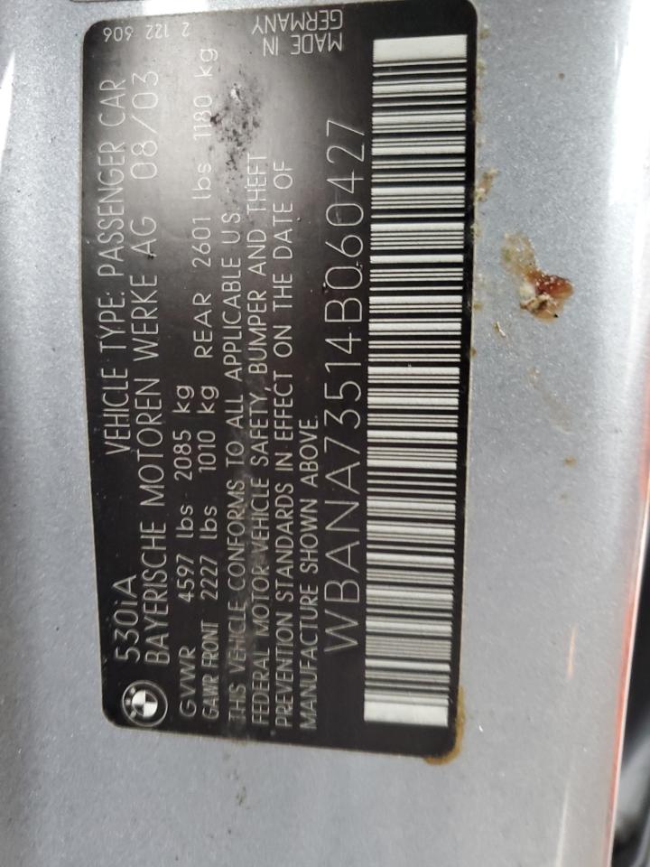 2004 BMW 5er VIN WBANA73514B060427 Copart auction photo, side damage thumbnail 14