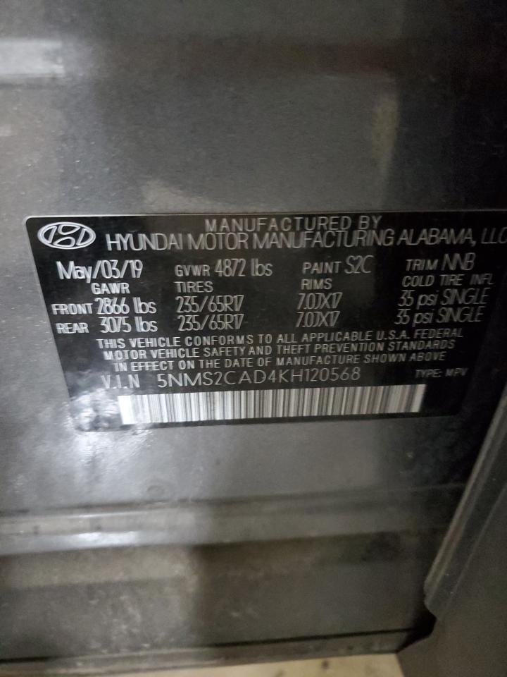 2019 Hyundai Santa Fe VIN 5NMS2CAD4KH120568 Copart auction photo, rear end / side damage thumbnail 13
