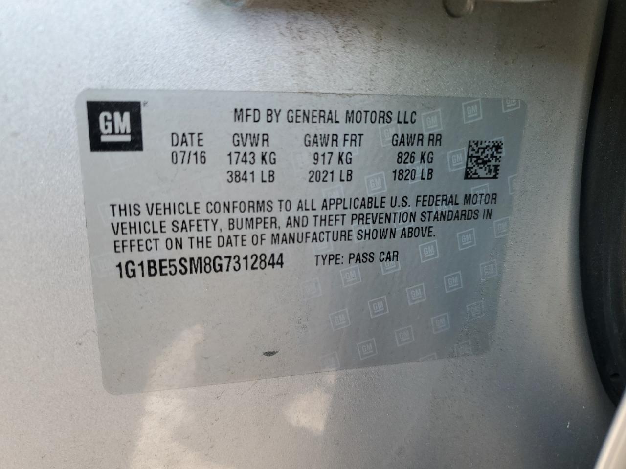 2016 Chevrolet Cruze VIN 1G1BE5SM8G7312844 Copart auction photo, rear end / undercarriage damage thumbnail 12