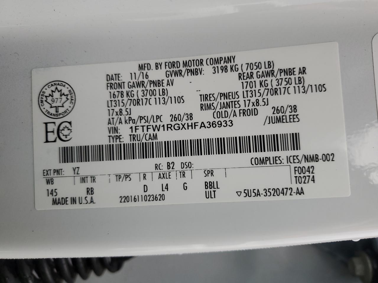 2017 Ford F-150 VIN 1FTFW1RGXHFA36933 Copart auction photo, front end / minor dent/scratches damage thumbnail 13