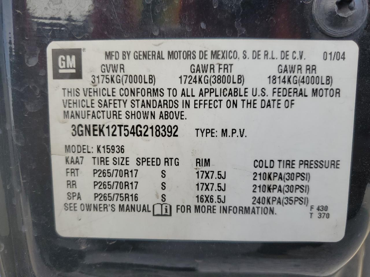 2004 Chevrolet Avalanche VIN 3GNEK12T54G218392 Copart auction photo, front end / minor dent/scratches damage thumbnail 12