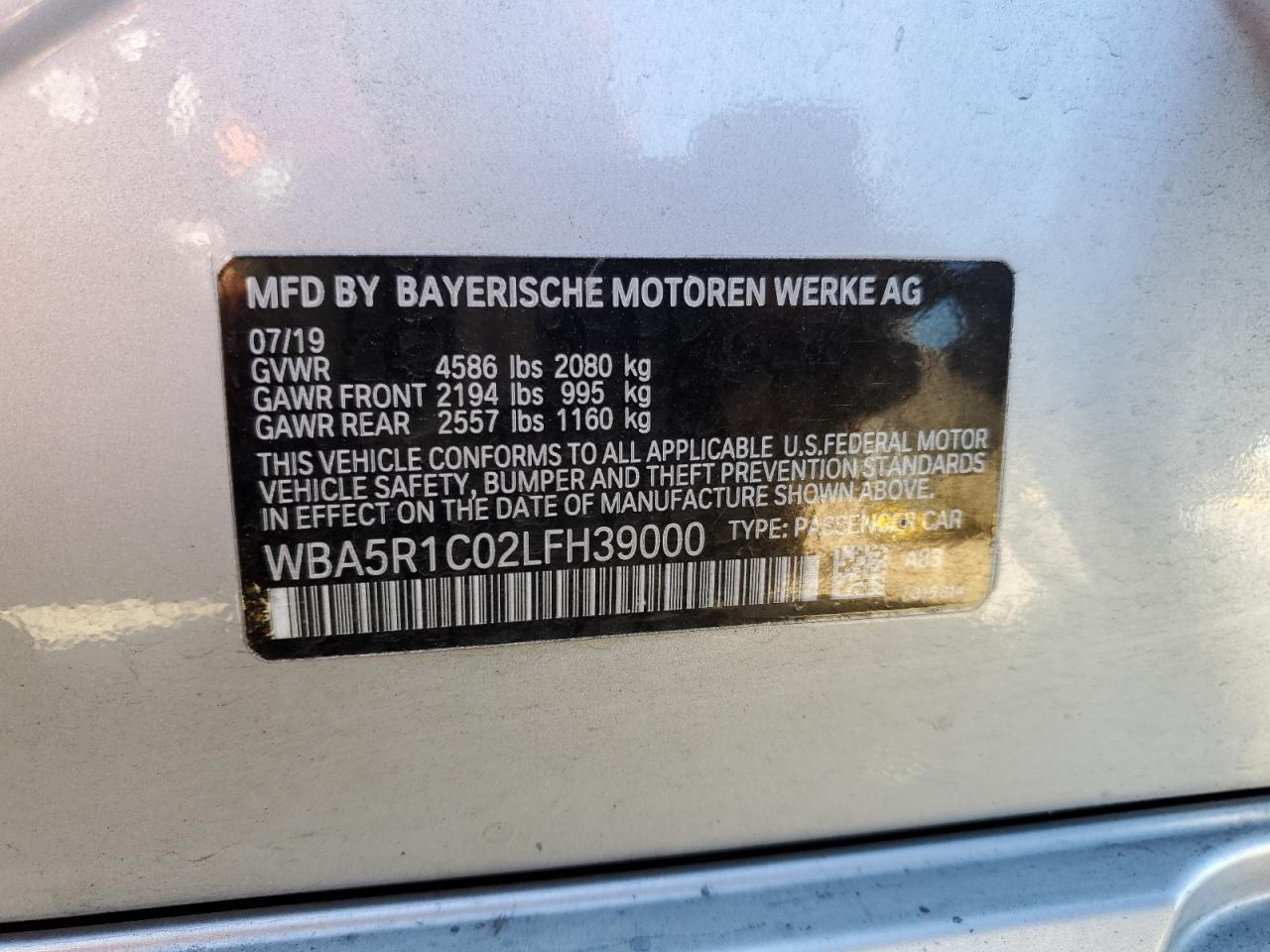 2020 BMW 3er VIN WBA5R1C02LFH39000 Copart auction photo, front end / undercarriage damage thumbnail 14