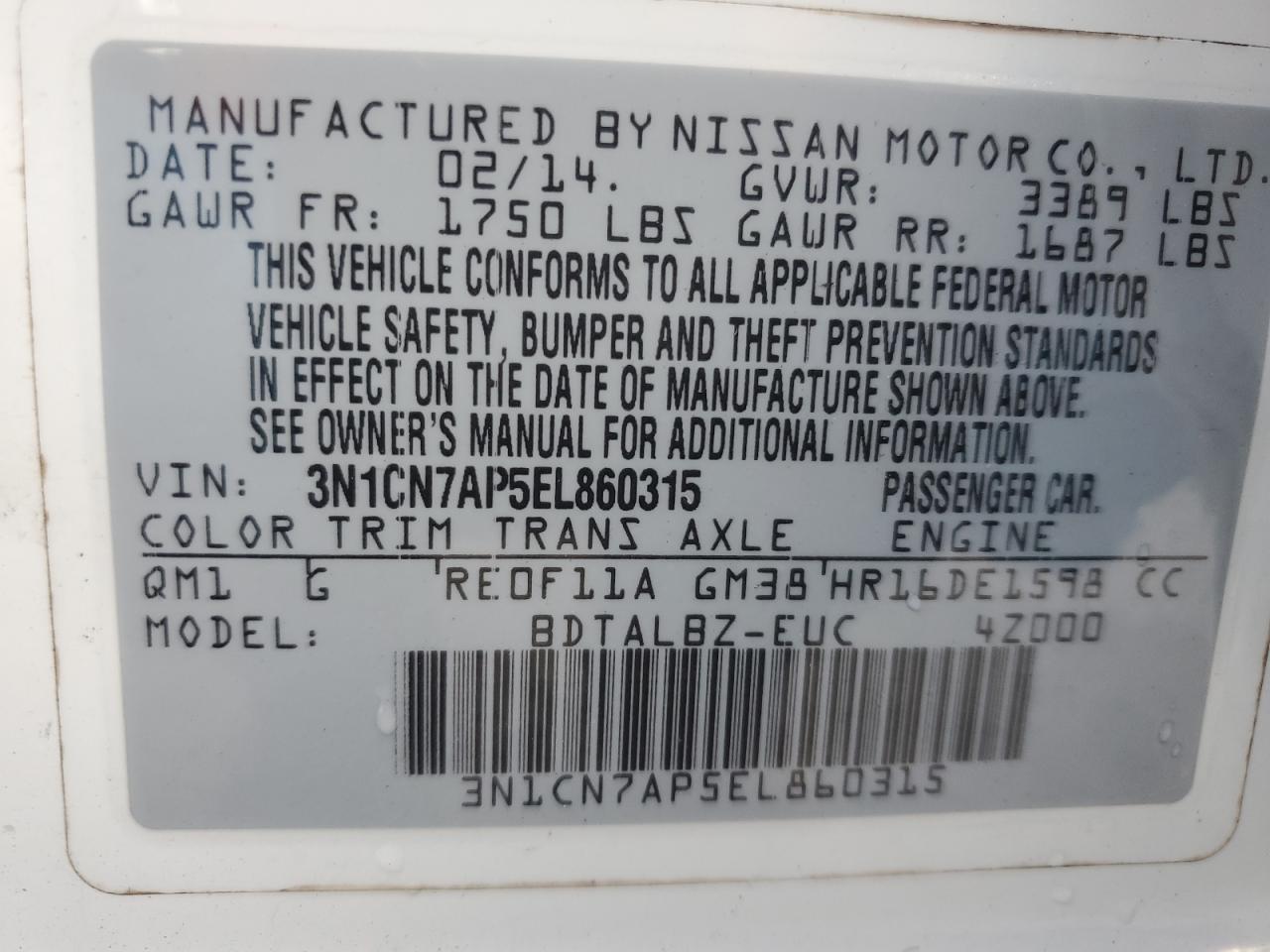 2014 Nissan Versa VIN 3N1CN7AP5EL860315 Copart auction photo, rear end damage thumbnail 13
