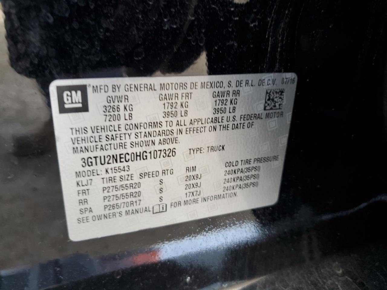 2017 GMC Sierra VIN 3GTU2NEC0HG107326 Copart auction photo, side damage thumbnail 12