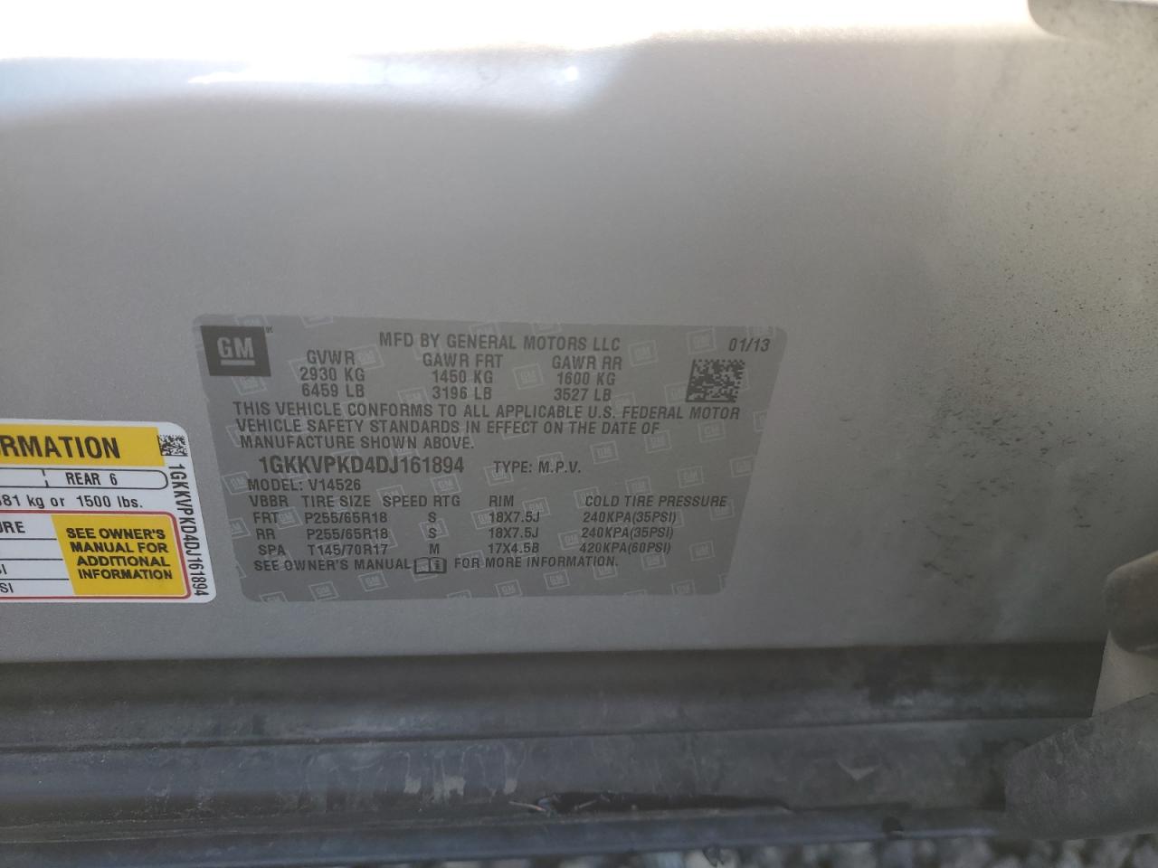 2013 GMC Acadia VIN 1GKKVPKD4DJ161894 Copart auction photo, normal wear damage thumbnail 12