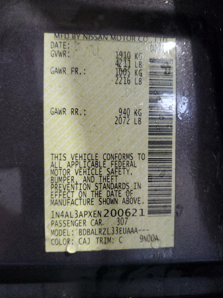 2014 Nissan Altima VIN 1N4AL3APXEN200621 Copart auction photo, side / rear end damage thumbnail 12