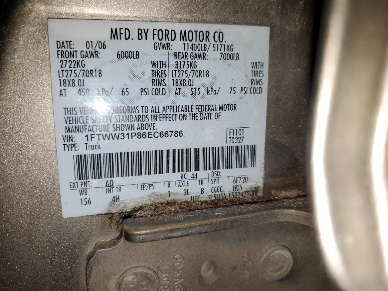 2006 Ford F350 VIN 1FTWW31P86EC66786 Copart auction photo, front end damage thumbnail 12