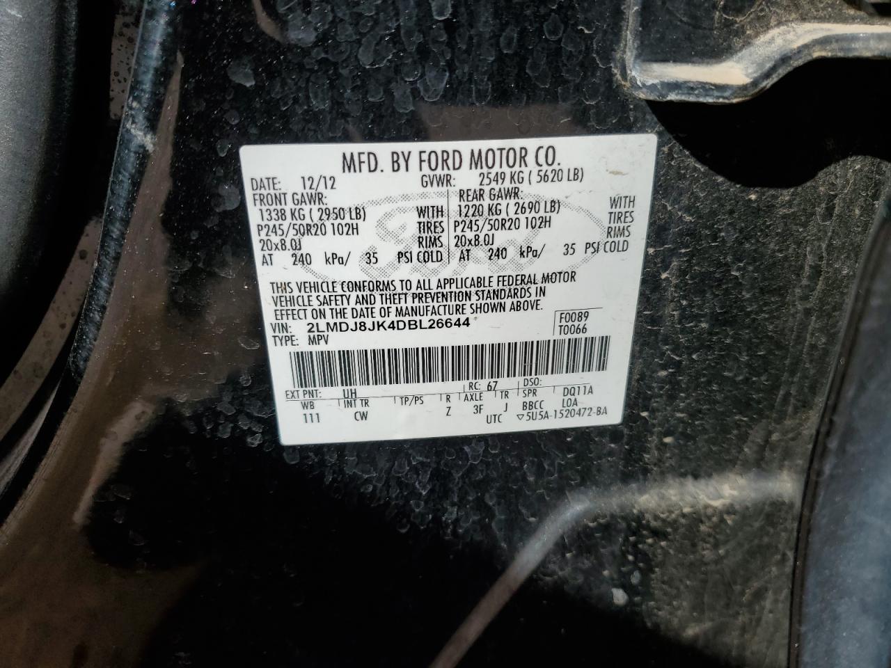 2013 Lincoln MKX VIN 2LMDJ8JK4DBL26644 Copart auction photo, normal wear / minor dent/scratches damage thumbnail 13
