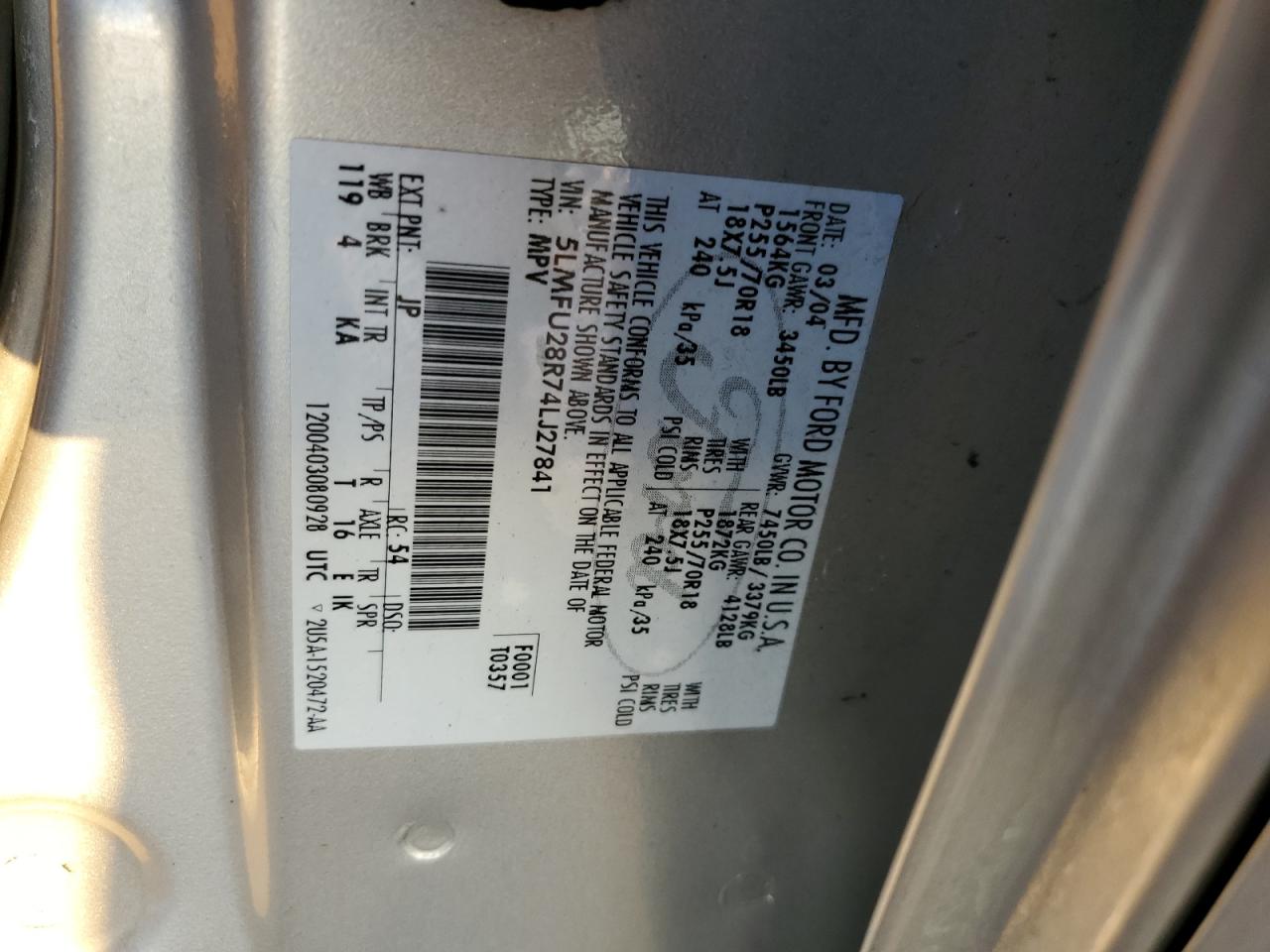 2004 Lincoln Navigator VIN 5LMFU28R74LJ27841 Copart auction photo, burn damage thumbnail 13