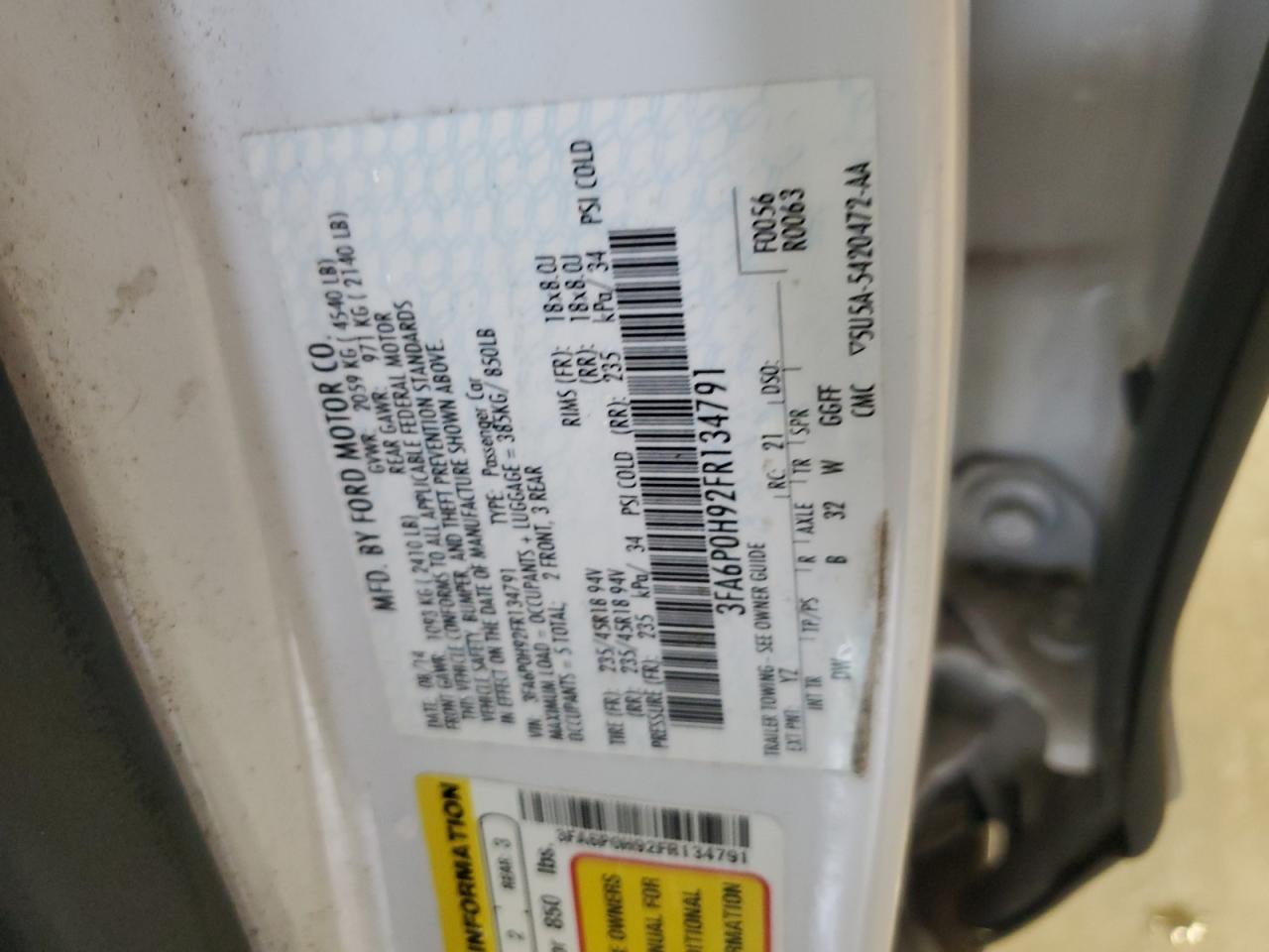 2015 Ford Fusion VIN 3FA6P0H92FR134791 Copart auction photo, front end damage thumbnail 12