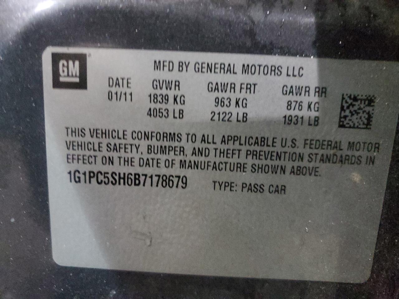 2011 Chevrolet Cruze VIN 1G1PC5SH6B7178679 Copart auction photo, side / rear end damage thumbnail 12
