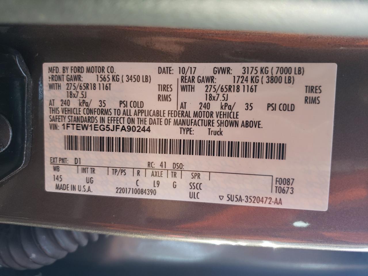 2018 Ford F-150 VIN 1FTEW1EG5JFA90244 Copart auction photo, all over damage thumbnail 12
