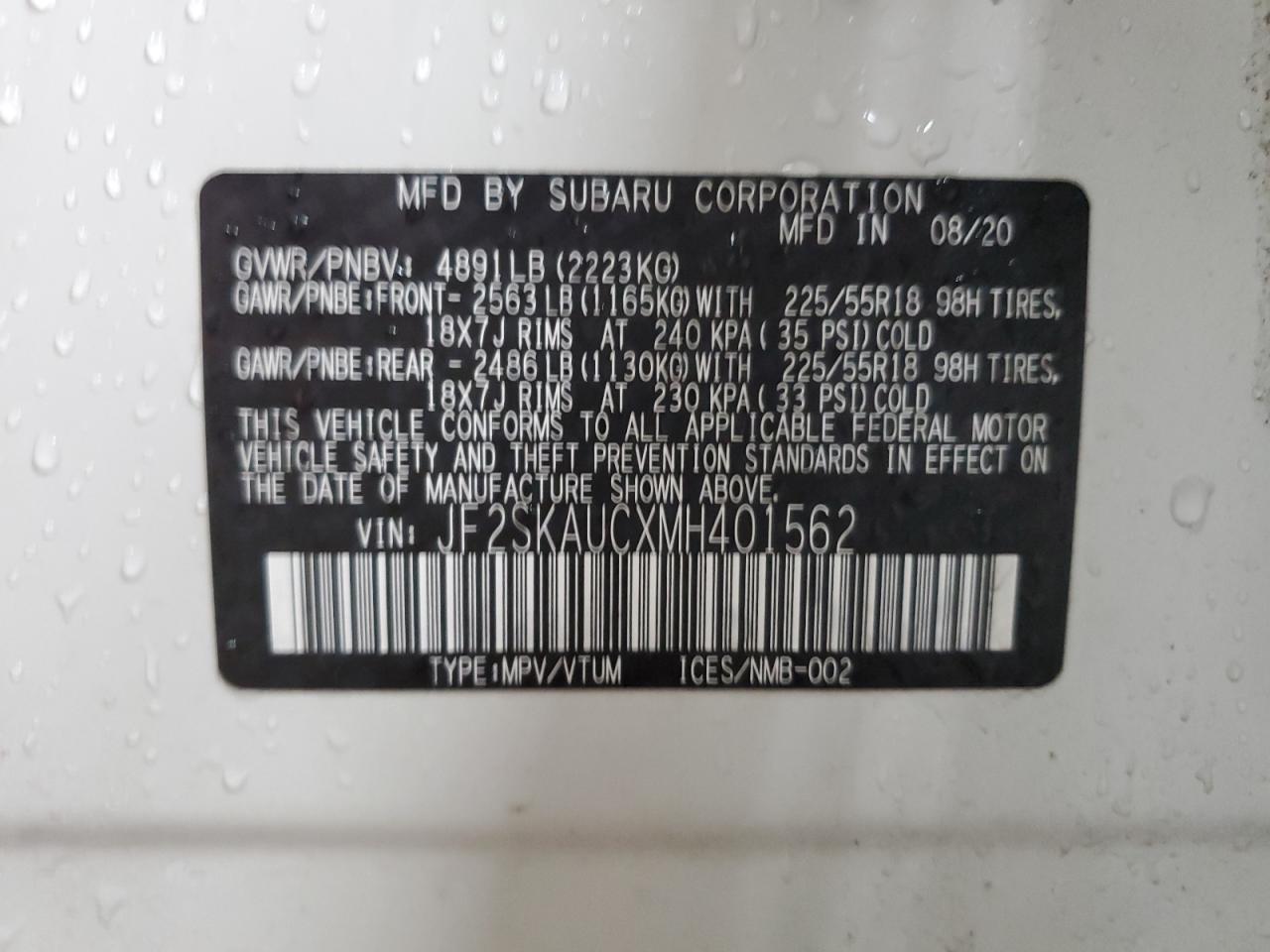 2021 Subaru Forester VIN JF2SKAUCXMH401562 Copart auction photo, front end / undercarriage damage thumbnail 14