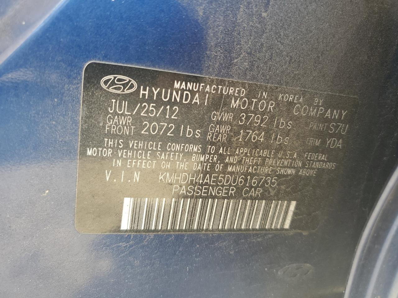 2013 Hyundai Elantra VIN KMHDH4AE5DU616735 Copart auction photo, front end / side damage thumbnail 12