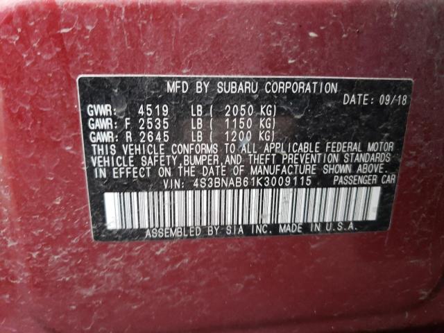 2019 Subaru Legacy VIN 4S3BNAB61K3009115 Copart auction photo, hail / minor dent/scratches damage thumbnail 12