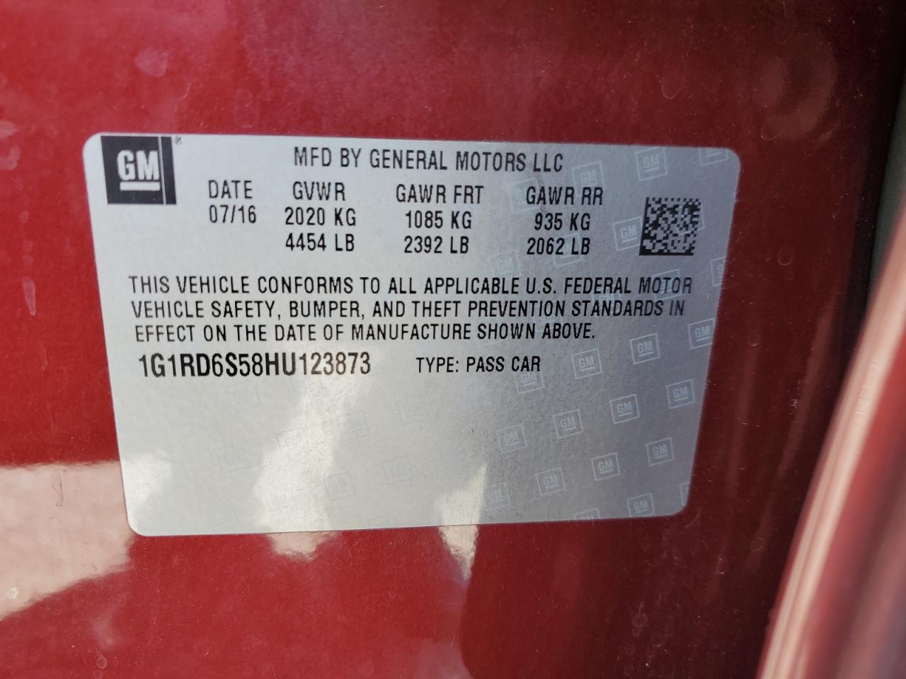 2017 Chevrolet Volt VIN 1G1RD6S58HU123873 Copart auction photo, rear end / minor dent/scratches damage thumbnail 14