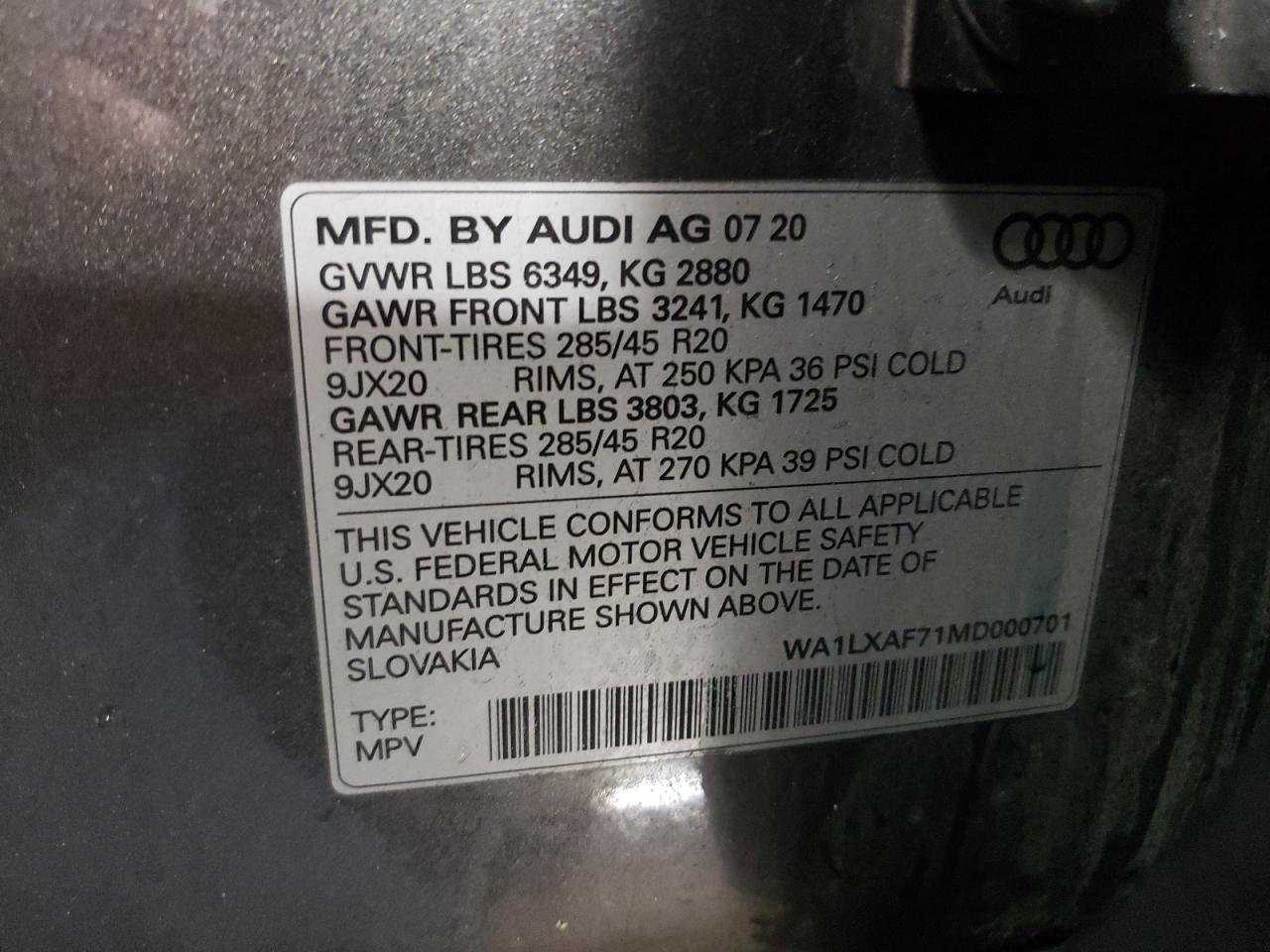 2021 Audi Q7 VIN WA1LXAF71MD000701 Copart auction photo, rear end damage thumbnail 12