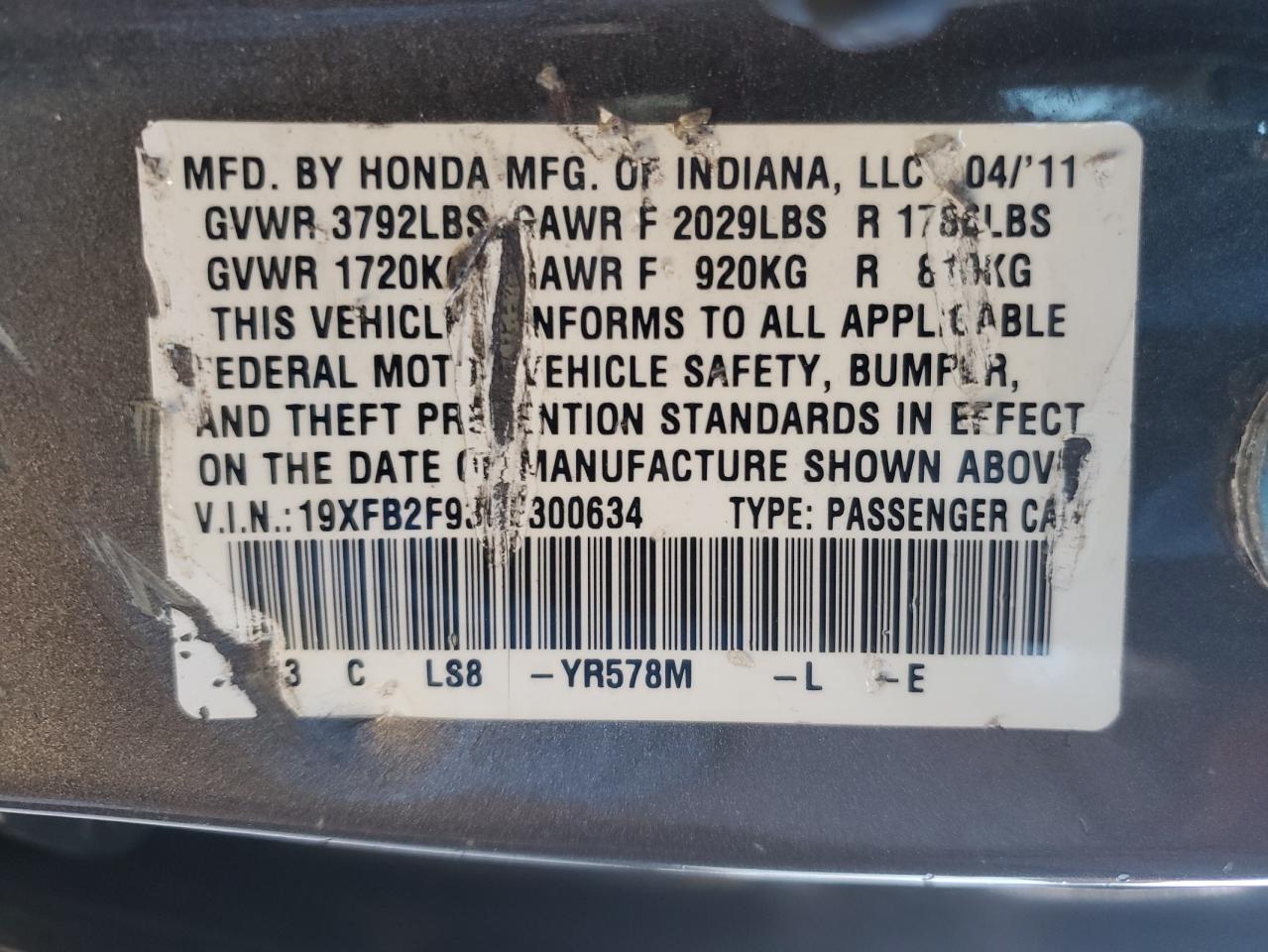 2012 Honda Civic VIN 19XFB2F93CE300634 Copart auction photo, side damage thumbnail 12