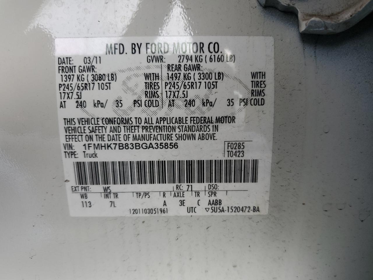 2011 Ford Explorer VIN 1FMHK7B83BGA35856 Copart auction photo, side / mechanical damage thumbnail 13