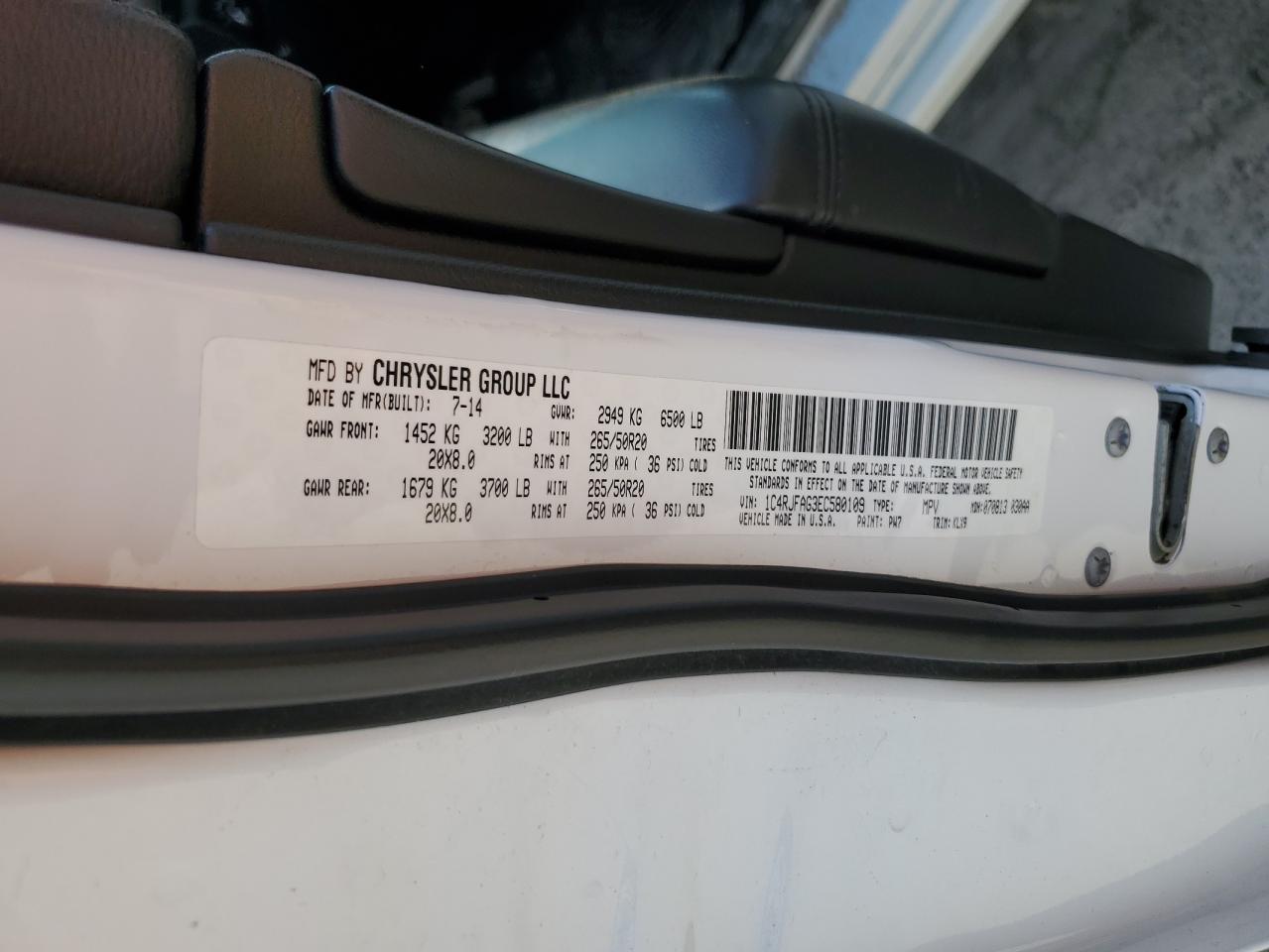 2014 Jeep Grand Cherokee VIN 1C4RJFAG3EC580109 Copart auction photo, front end damage thumbnail 13