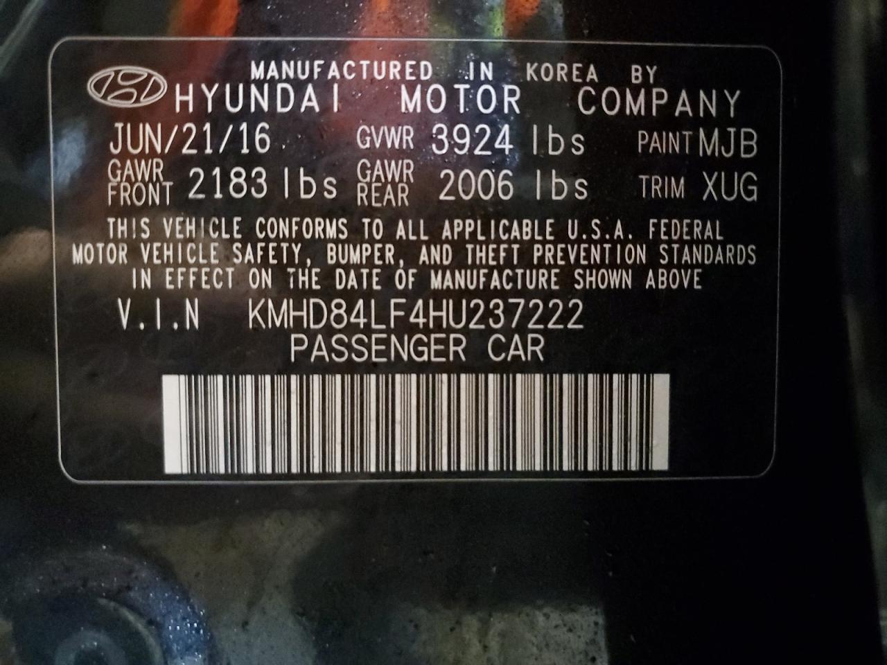 2017 Hyundai Elantra VIN KMHD84LF4HU237222 Copart auction photo, side / rear end damage thumbnail 12