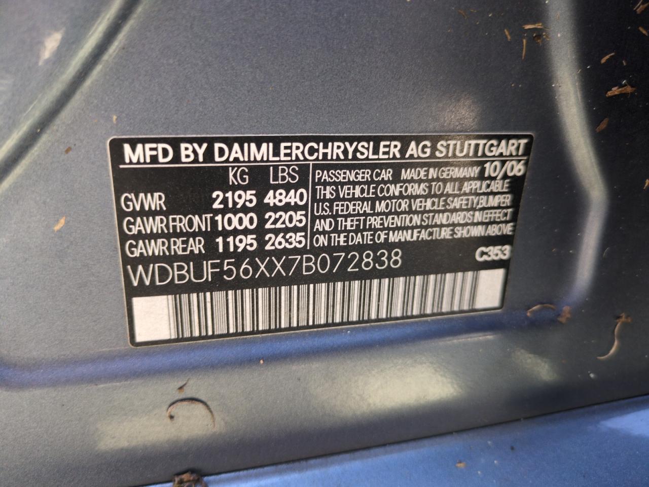 2007 Mercedes-Benz E-klasse VIN WDBUF56XX7B072838 Copart auction photo, water/flood damage thumbnail 13