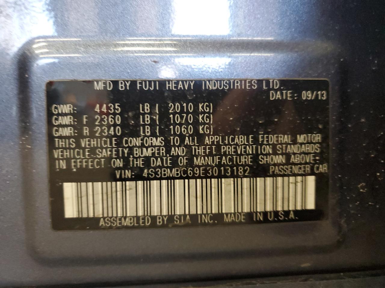 2014 Subaru Legacy VIN 4S3BMBC69E3013182 Copart auction photo, front end / minor dent/scratches damage thumbnail 12