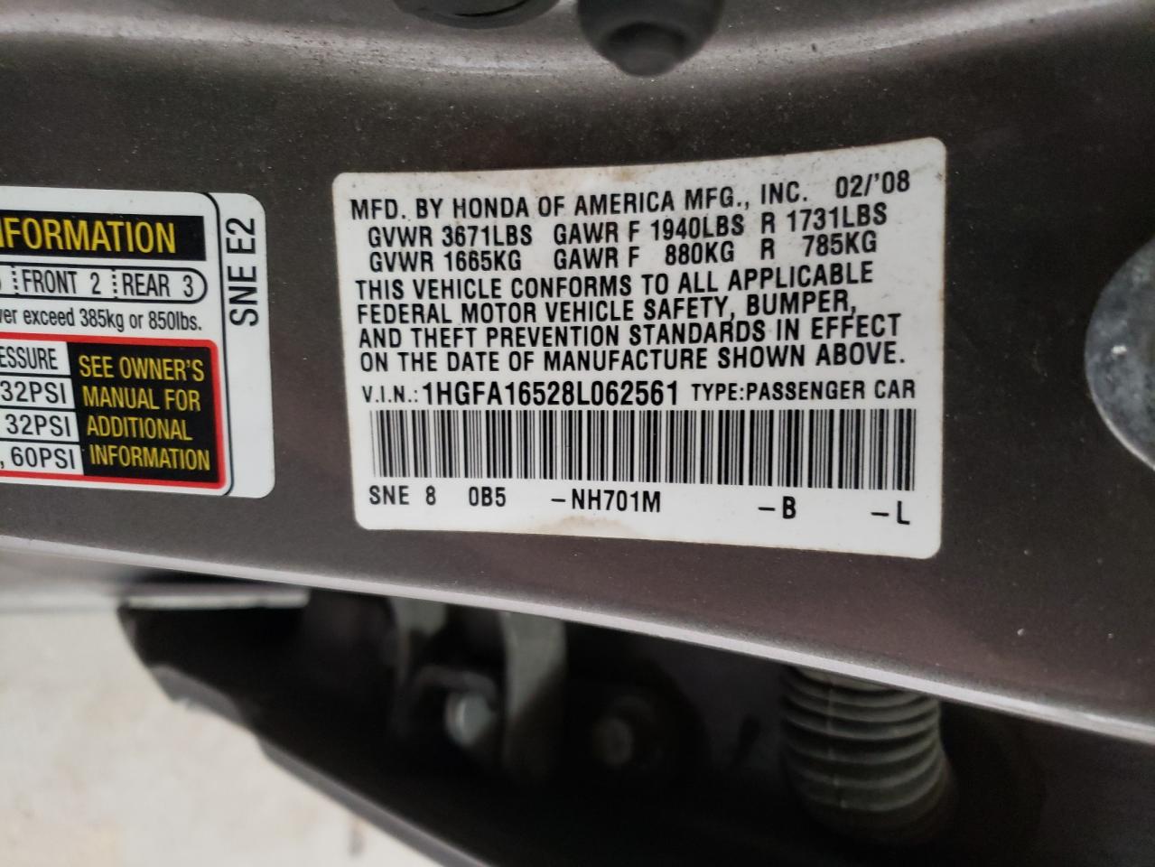 2008 Honda Civic VIN 1HGFA16528L062561 Copart auction photo, side damage thumbnail 12