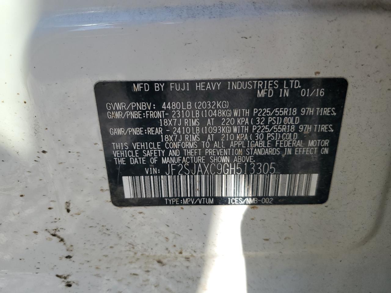 2016 Subaru Forester VIN JF2SJAXC9GH513305 Copart auction photo, rear end damage thumbnail 13