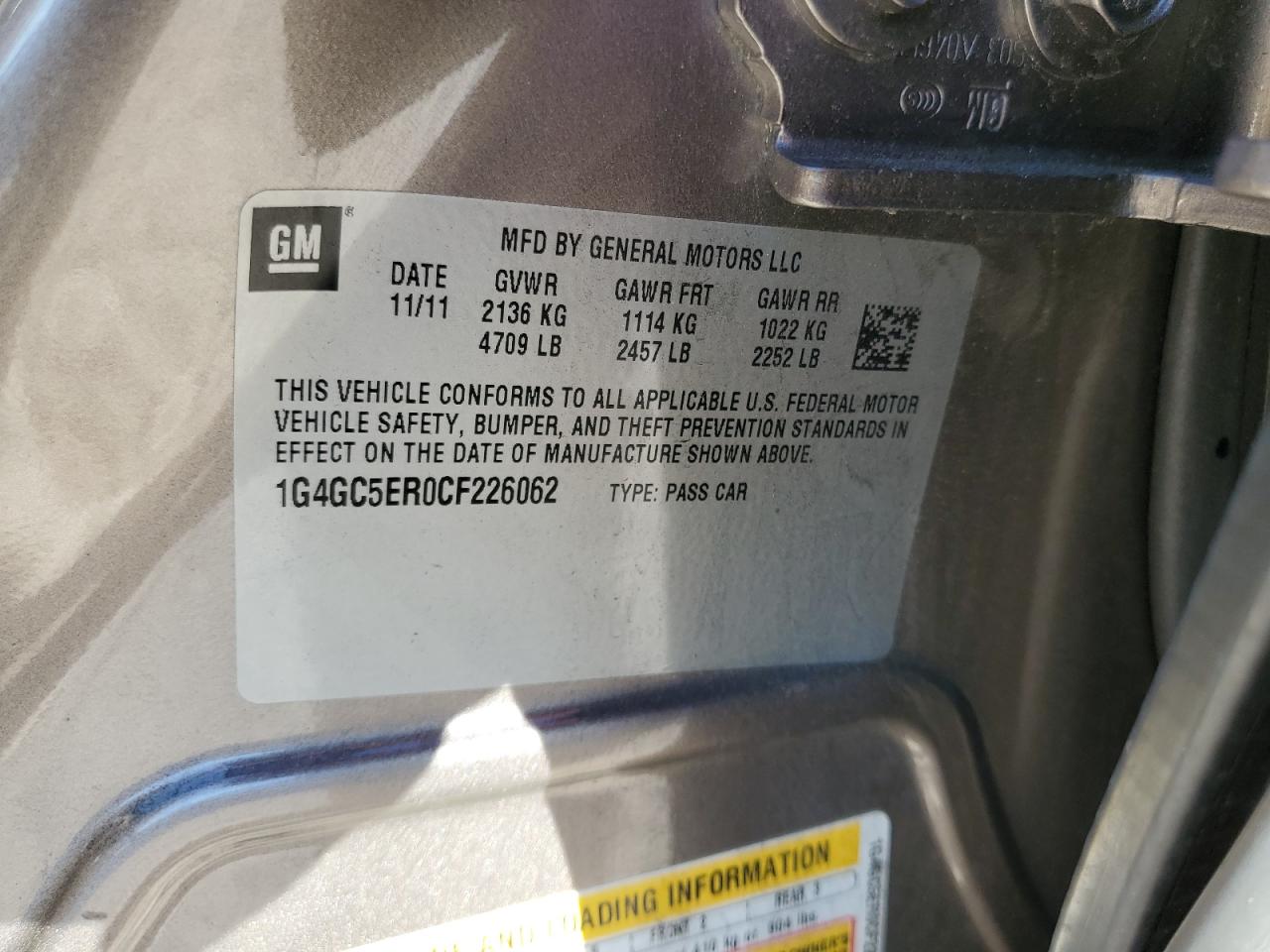 2012 Buick LaCrosse VIN 1G4GC5ER0CF226062 Copart auction photo, side / minor dent/scratches damage thumbnail 15