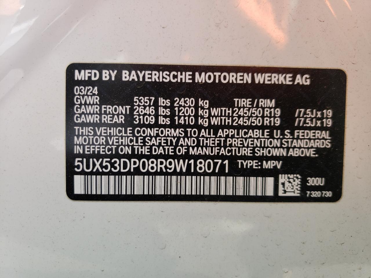 2024 BMW X3 VIN 5UX53DP08R9W18071 Copart auction photo, rear end / front end damage thumbnail 13