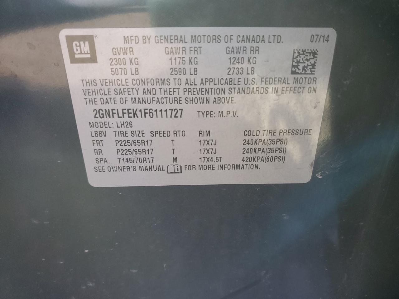 2015 Chevrolet Equinox VIN 2GNFLFEK1F6111727 Copart auction photo, undercarriage / front end damage thumbnail 13