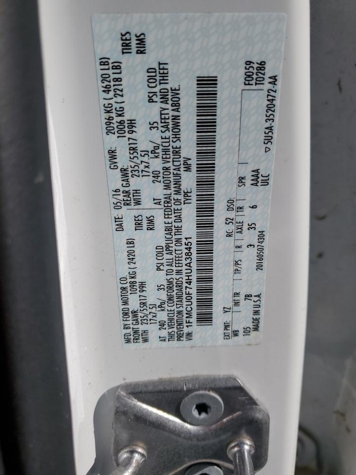2017 Ford Escape VIN 1FMCU0F74HUA38451 Copart auction photo, front end damage thumbnail 13