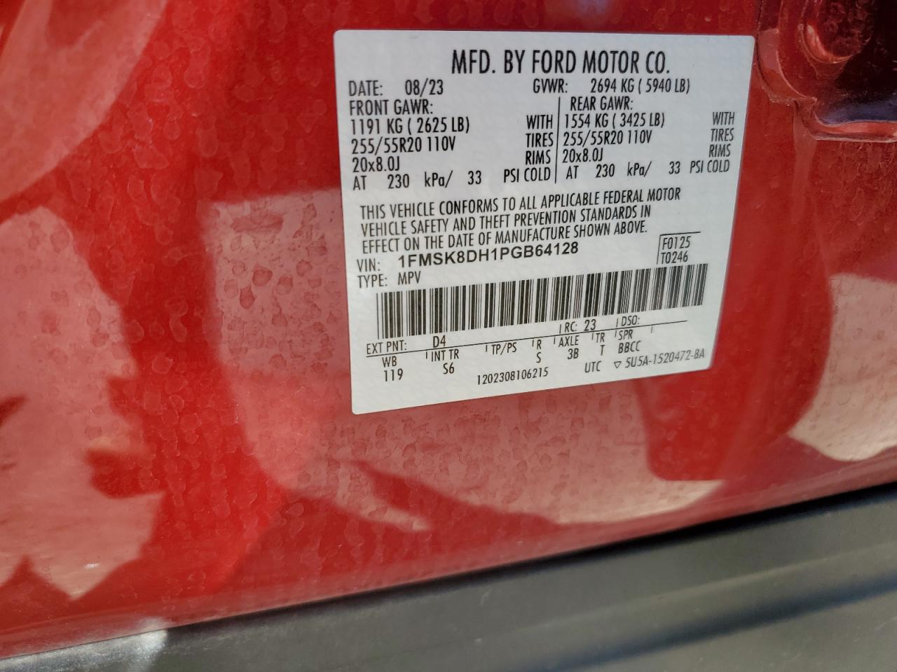 2023 Ford Explorer VIN 1FMSK8DH1PGB64128 Copart auction photo, all over damage thumbnail 13
