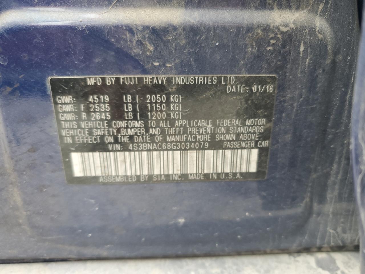 2016 Subaru Legacy VIN 4S3BNAC68G3034079 Copart auction photo, rear end damage thumbnail 13