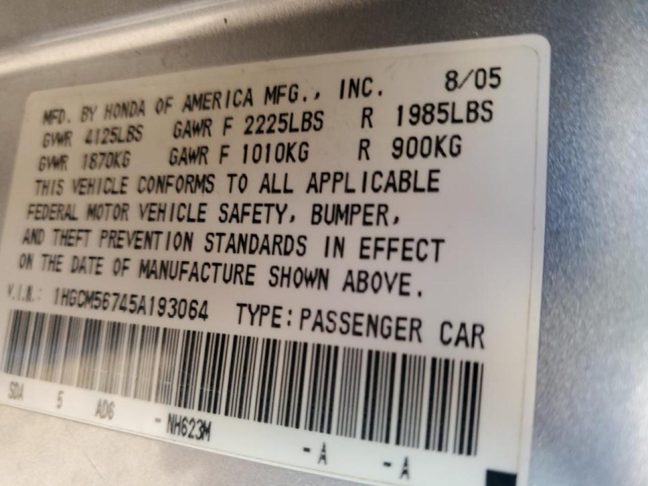 2005 Honda Accord VIN 1HGCM56745A193064 Copart auction photo, side / rear end damage thumbnail 12