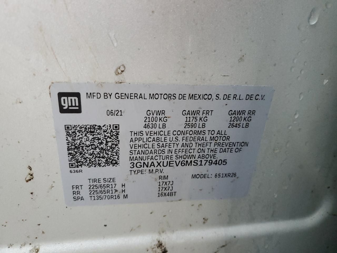 2021 Chevrolet Equinox VIN 3GNAXUEV6MS179405 Copart auction photo, water/flood / side damage thumbnail 13