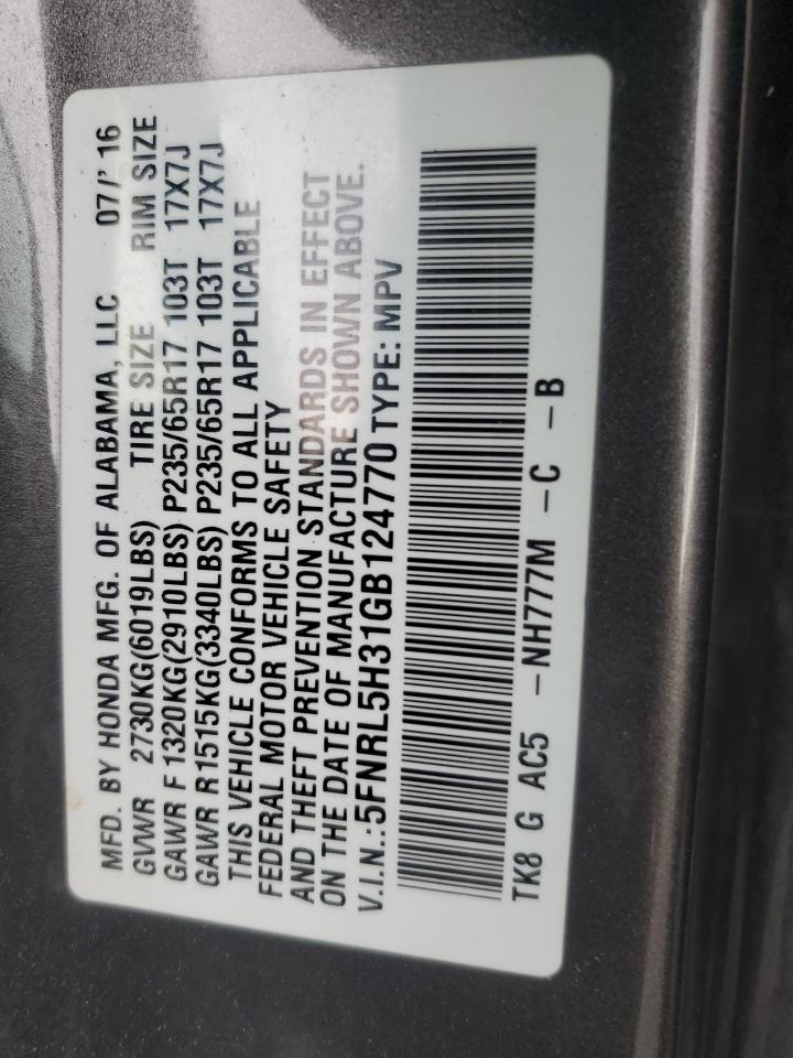 2016 Honda Odyssey VIN 5FNRL5H31GB124770 Copart auction photo, rear end / side damage thumbnail 14