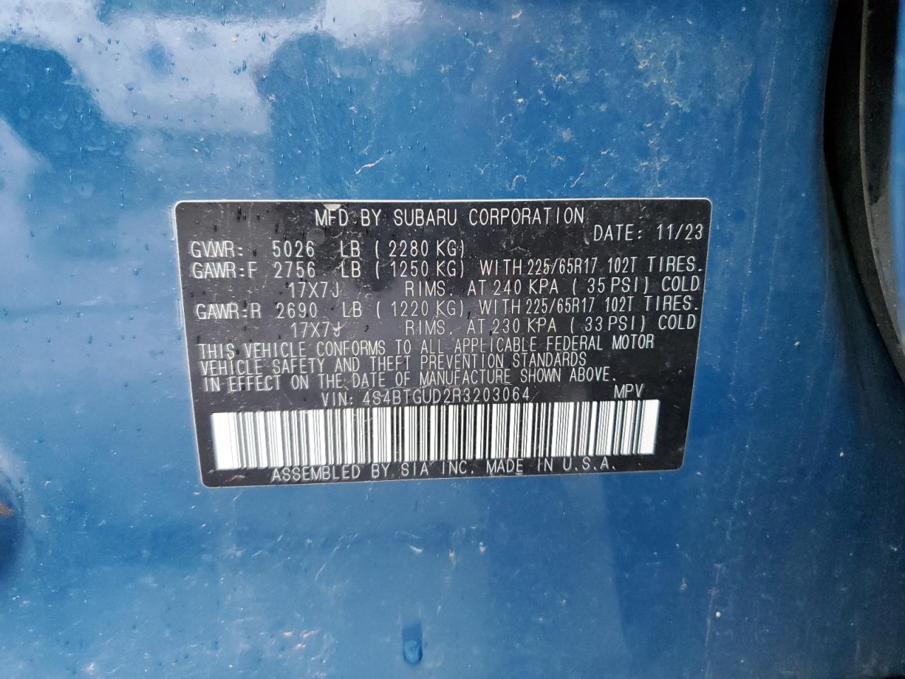 2024 Subaru Outback VIN 4S4BTGUD2R3203064 Copart auction photo, front end / side damage thumbnail 13